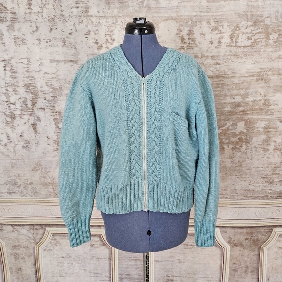 Vintage 1950s Cardigan Sweater Zipper Blue Acrylic Knit 50s Women's M - Picture 2 of 9